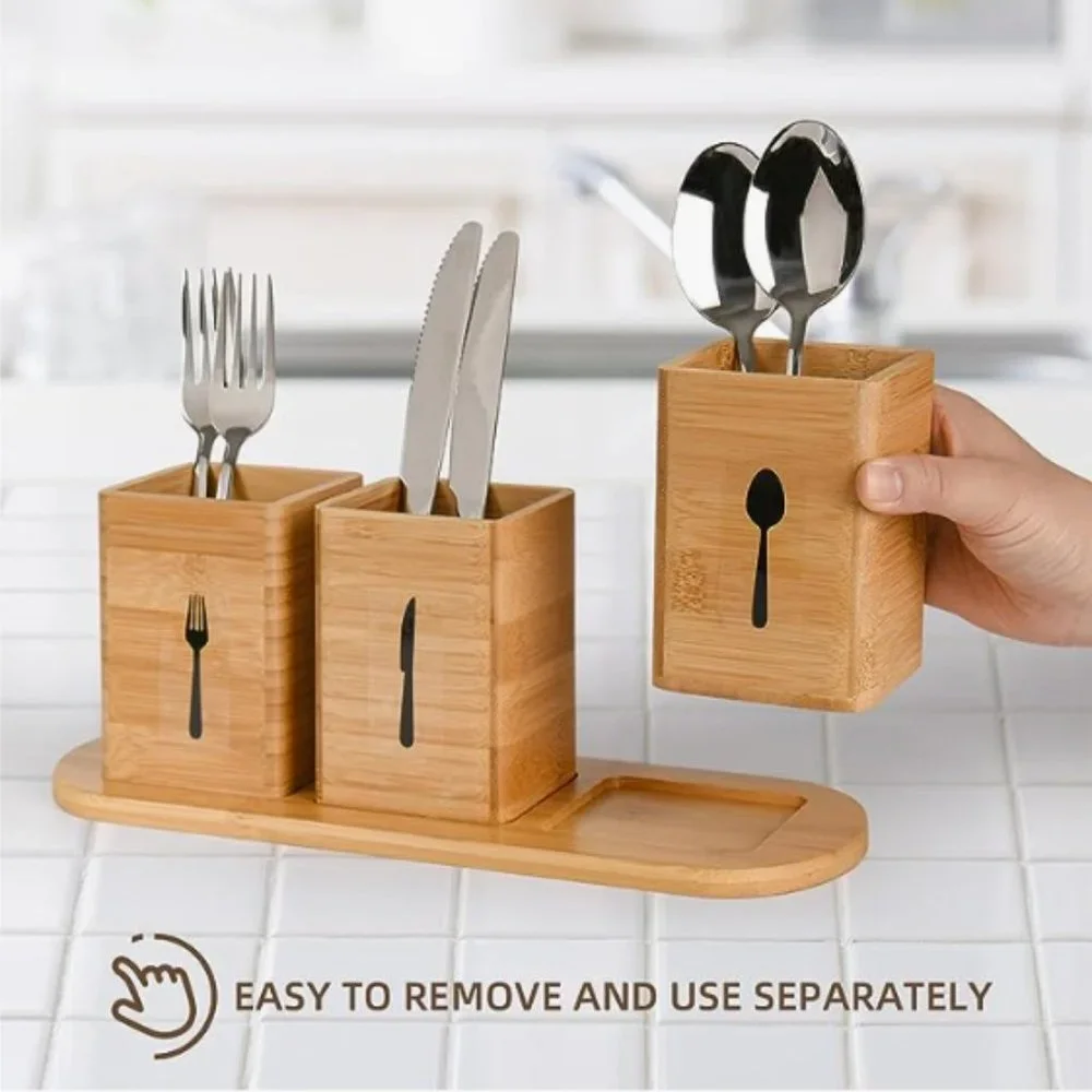 4 pc - Silverware Caddy - Natural Bamboo Flatware Holders w/ Tray